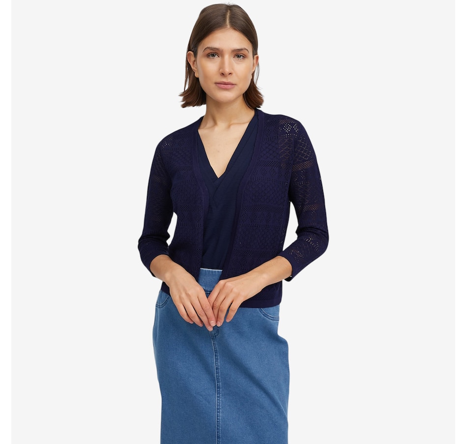 Image 119694_NVY.jpg, Product 119-694 / Price $69.99, Nina Leonard Sweater Knit Bolero with 3/4 Length Sleeves from Nina Leonard on TSC.ca's Fashion department
