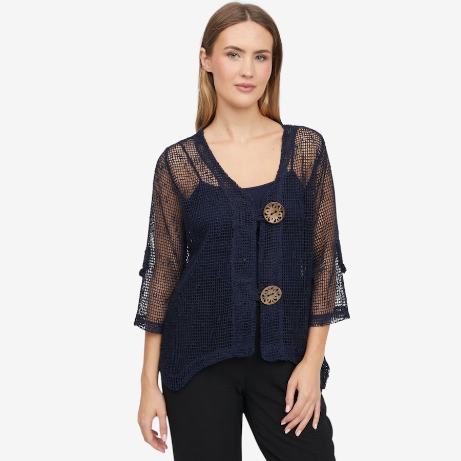 Image 119757_NVY.jpg, Product 119-757 / Price $59.99, Nina Leonard 3/4 Sleeve Coconut Button Knit Bolero from Nina Leonard on TSC.ca's Fashion department