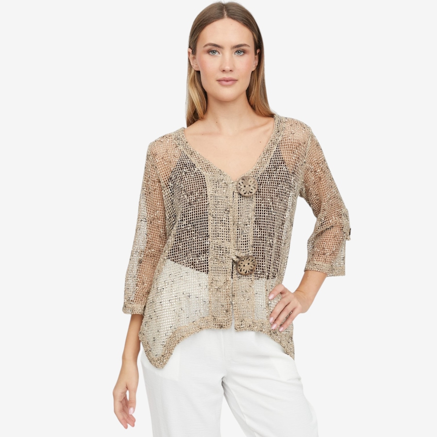 Image 119757_WARSD.jpg, Product 119-757 / Price $59.99, Nina Leonard 3/4 Sleeve Coconut Button Knit Bolero from Nina Leonard on TSC.ca's Fashion department