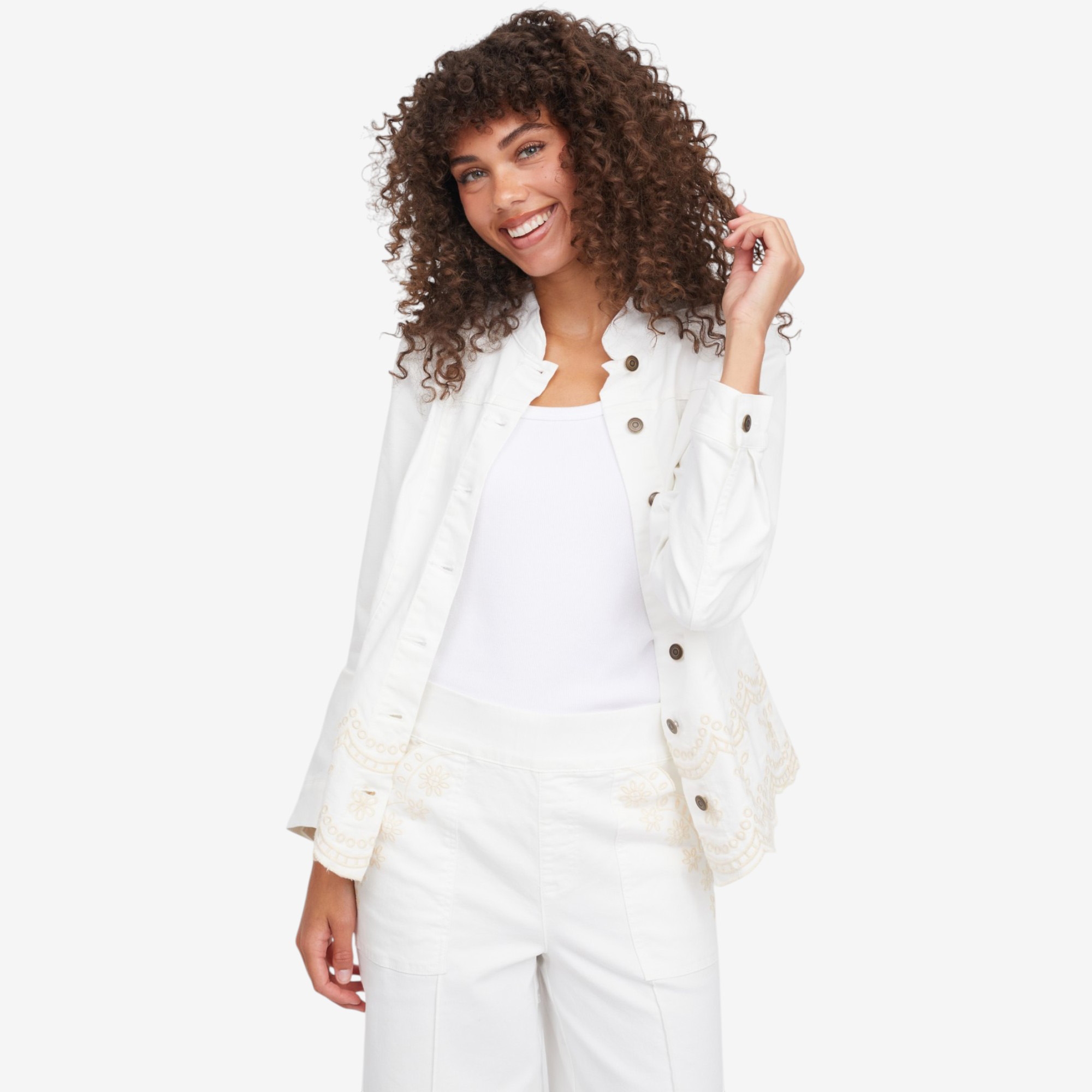 Nina Leonard Long Sleeve Mandarin Collar Knit Denim Jacket - TSC.ca