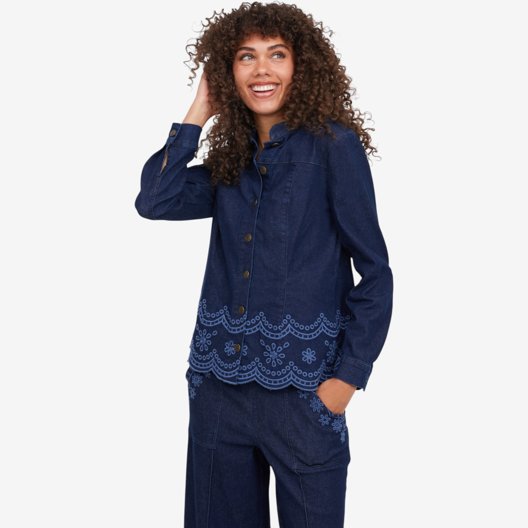 Nina Leonard Long Sleeve Mandarin Collar Knit Denim Jacket - TSC.ca