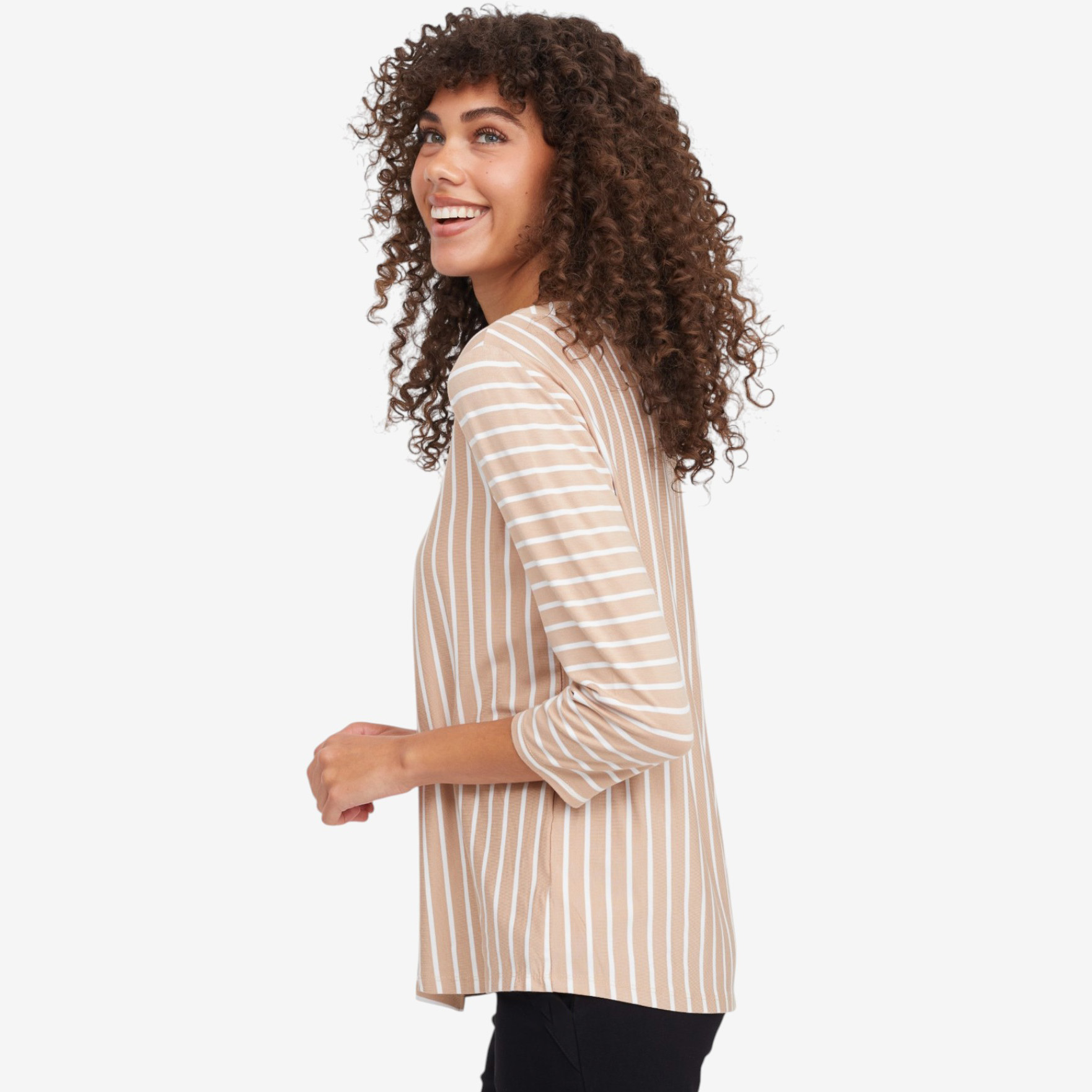 Nina Leonard 3/4 Sleeve Jewel Neck Asymmetrical Striped Top - TSC.ca