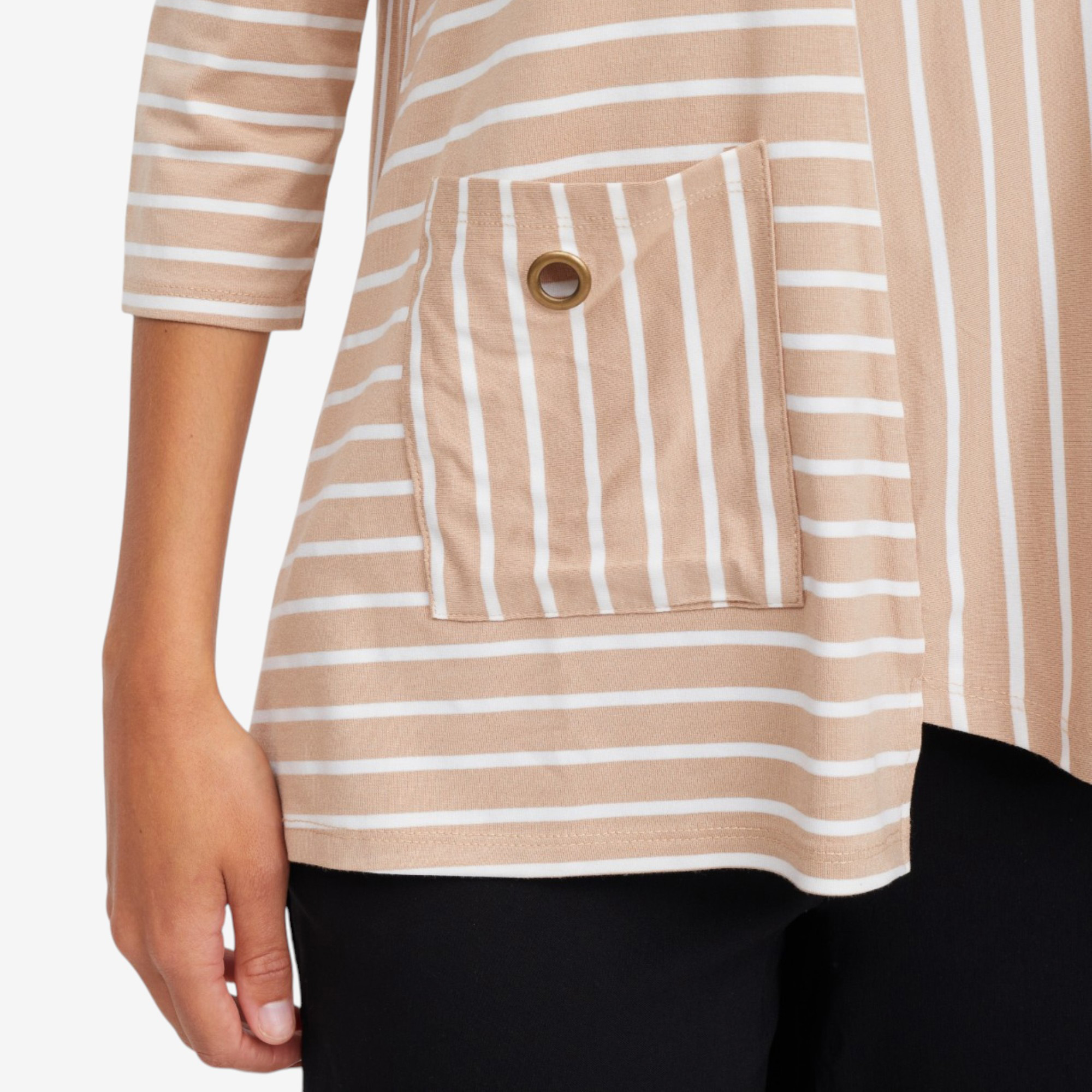 Nina Leonard 3/4 Sleeve Jewel Neck Asymmetrical Striped Top - TSC.ca