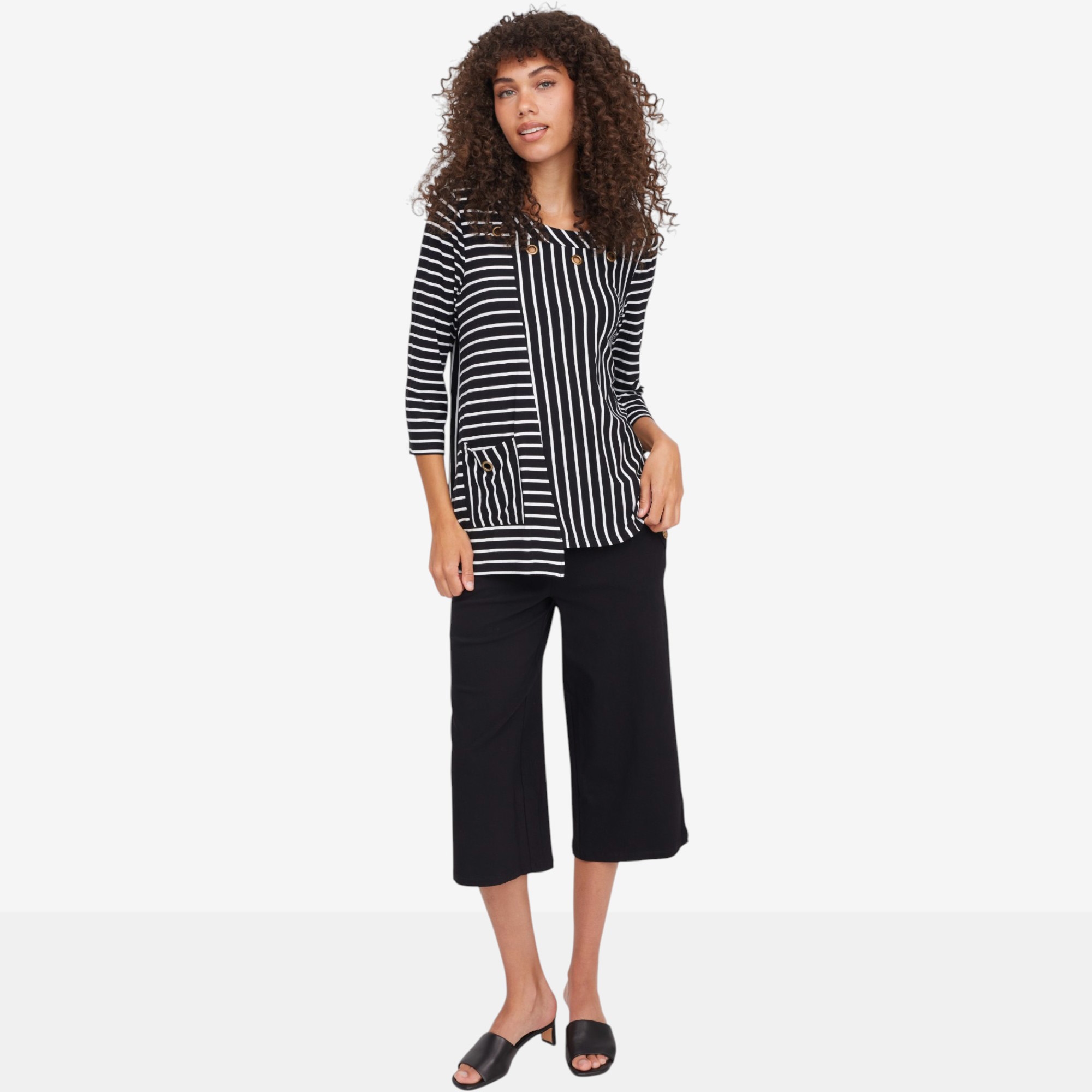 Nina Leonard 3/4 Sleeve Jewel Neck Asymmetrical Striped Top - TSC.ca