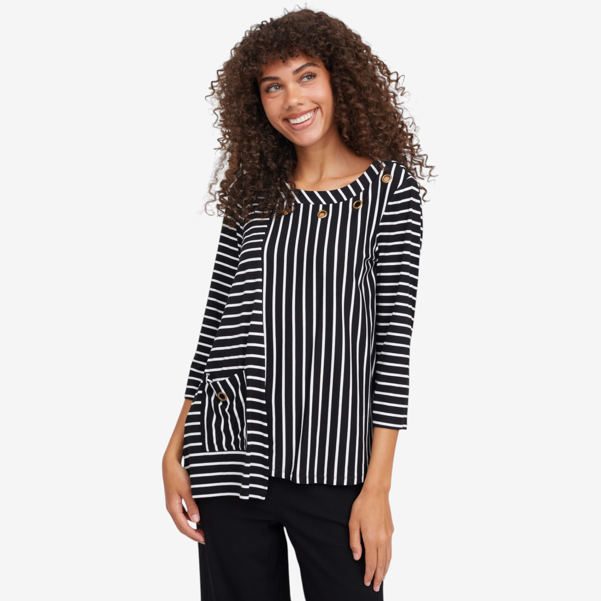 Nina Leonard 3/4 Sleeve Jewel Neck Asymmetrical Striped Top - TSC.ca