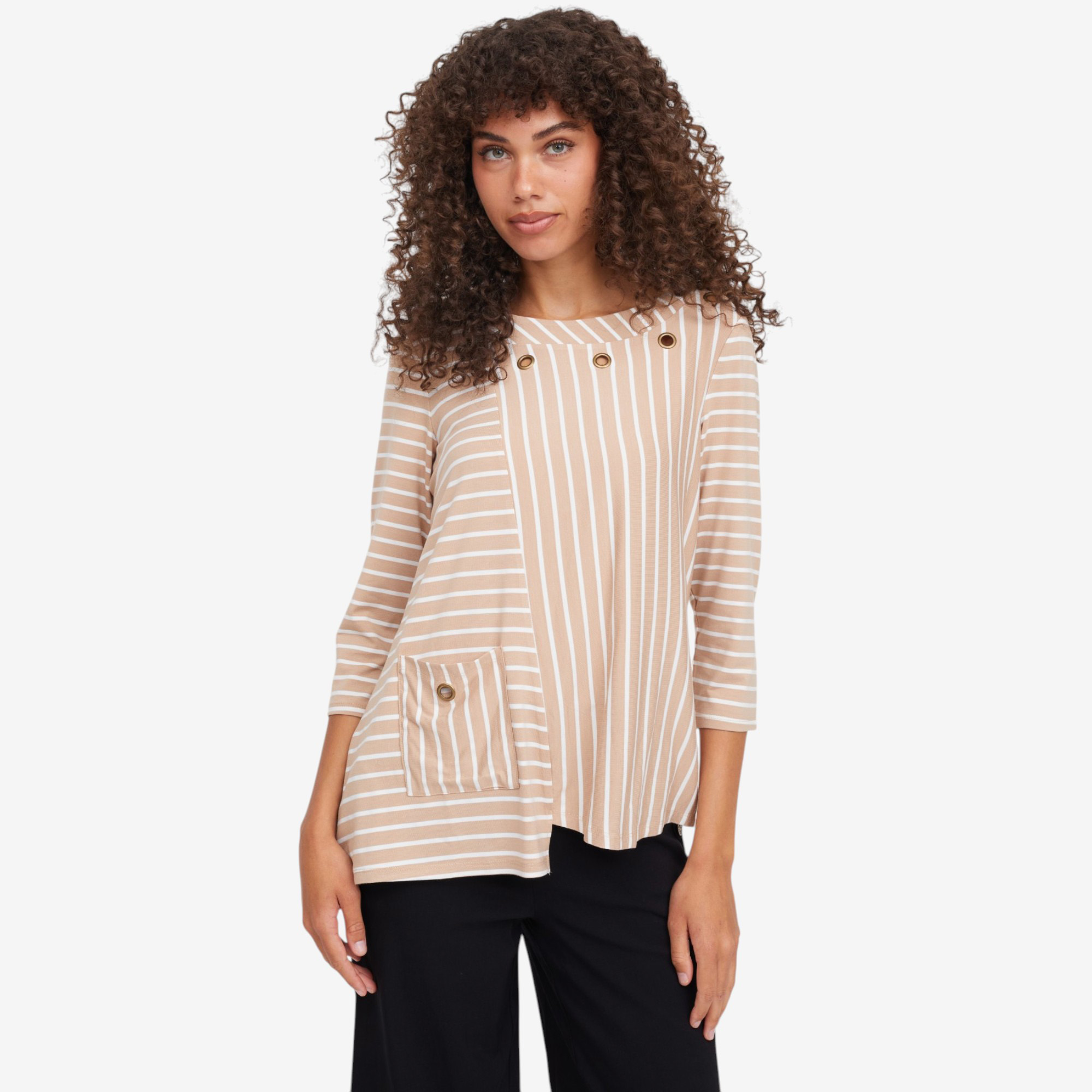 Nina Leonard 3/4 Sleeve Jewel Neck Asymmetrical Striped Top - TSC.ca