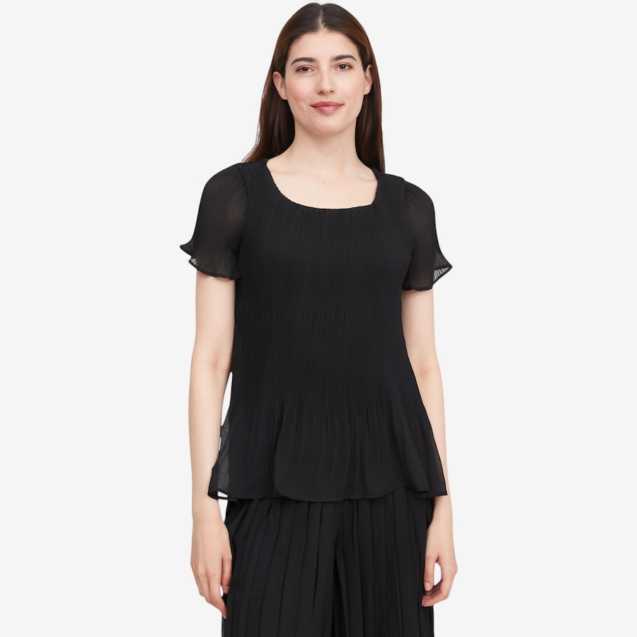 Image 119776_BLK.jpg, Product 119-776 / Price $29.88, Nina Leonard Scoop Neck Release Pleat Chiffon High Low Top with Short Sleeve from Nina Leonard on TSC.ca's Fashion department