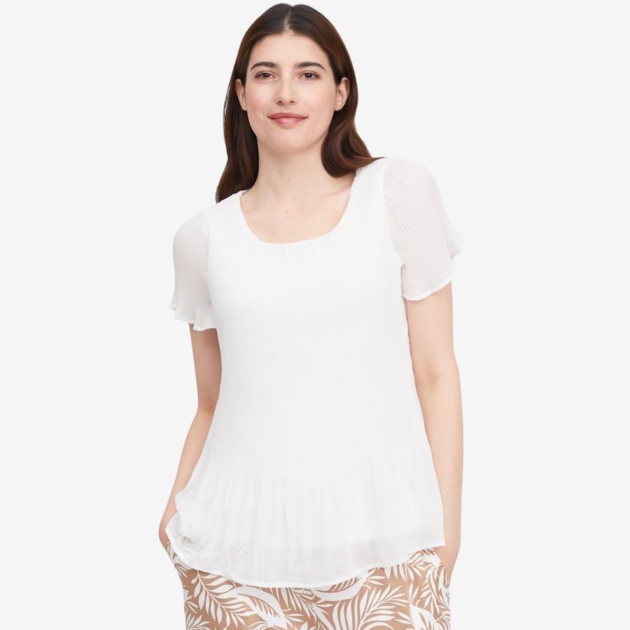 Image 119776_WHT.jpg, Product 119-776 / Price $29.88, Nina Leonard Scoop Neck Release Pleat Chiffon High Low Top with Short Sleeve from Nina Leonard on TSC.ca's Fashion department