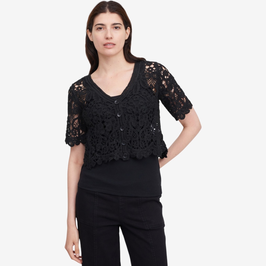 Image 119783_BLK.jpg, Product 119-783 / Price $59.99, Nina Leonard Elbow Sleeve Open Crochet Bolero from Nina Leonard on TSC.ca's Fashion department