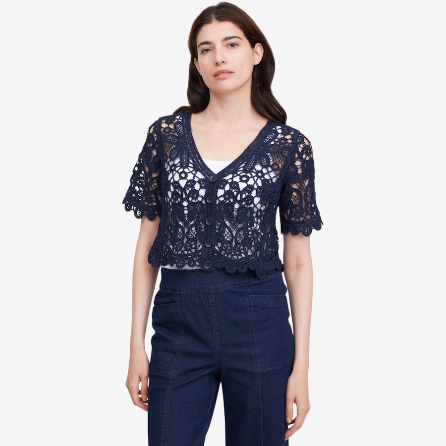 Image 119783_NVY.jpg, Product 119-783 / Price $59.99, Nina Leonard Elbow Sleeve Open Crochet Bolero from Nina Leonard on TSC.ca's Fashion department