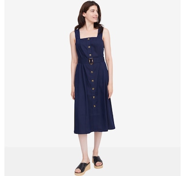 Nina Leonard Button Front Stretch Linen Square Neck Dress