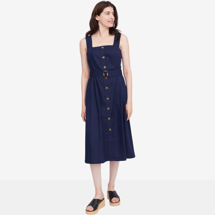 Image 119786_NVY.jpg, Product 119-786 / Price $39.99, Nina Leonard Button Front Stretch Linen Square Neck Dress from Nina Leonard on TSC.ca's Fashion department