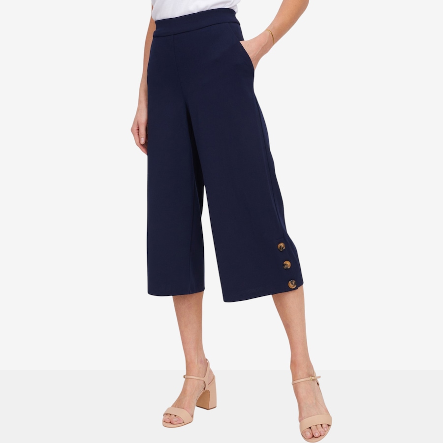 Image 119792_NVY.jpg, Product 119-792 / Price $54.99, Nina Leonard Cropped Wide Leg Pant with Tortoise Button Detail from Nina Leonard on TSC.ca's Fashion department