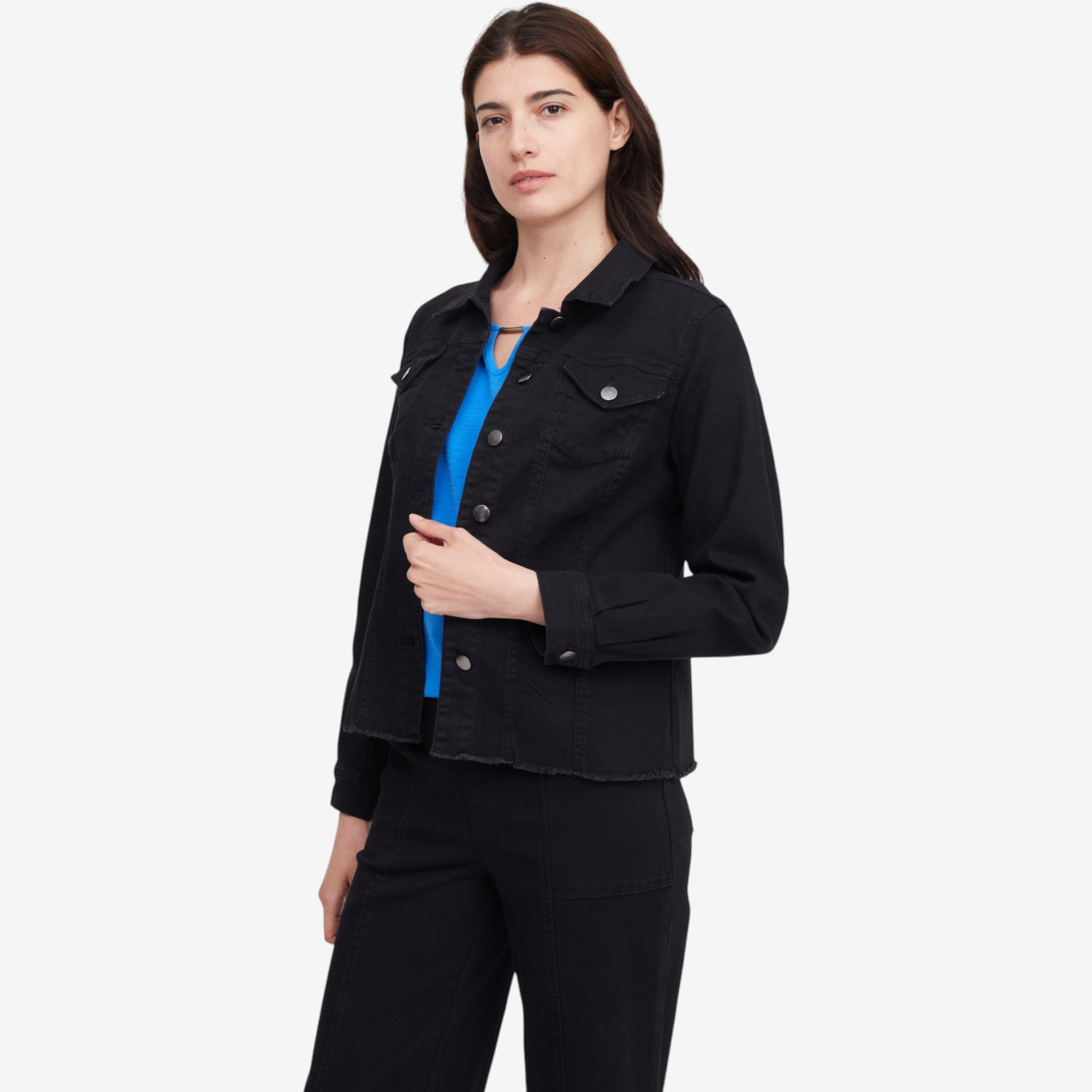Nina Leonard Stretch Denim Jacket with Fray Hem - TSC.ca
