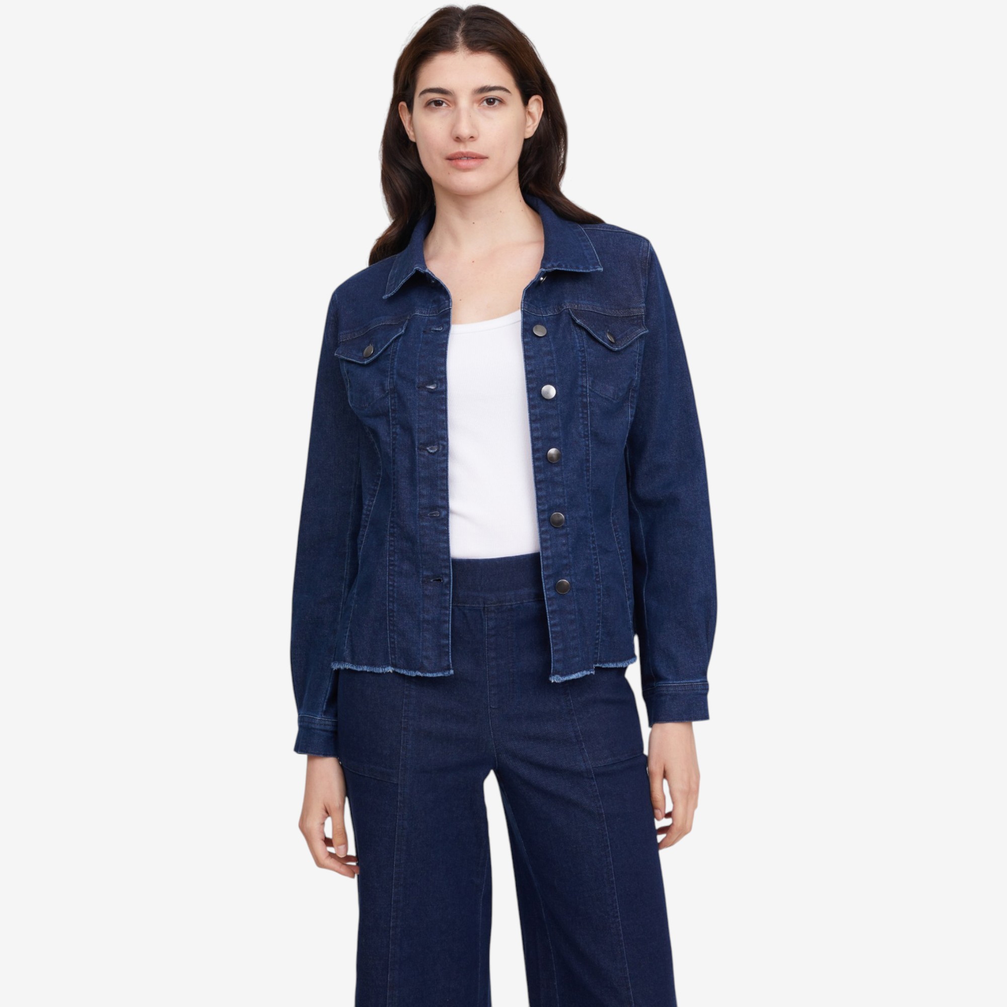 Nina Leonard Stretch Denim Jacket with Fray Hem - TSC.ca