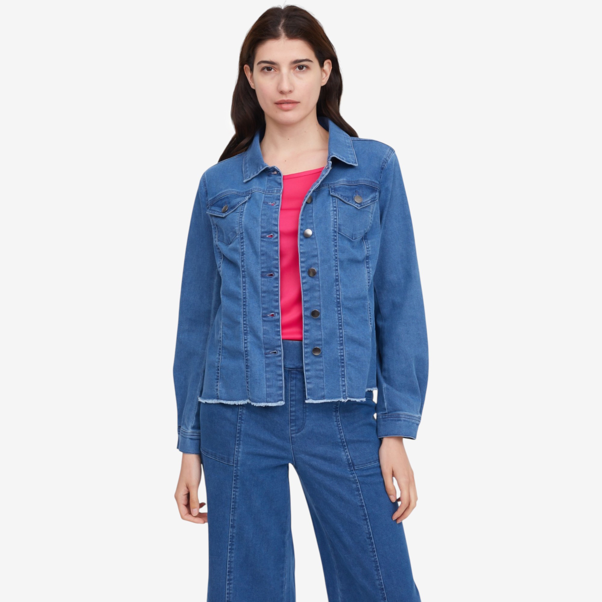 Nina Leonard Stretch Denim Jacket with Fray Hem - TSC.ca