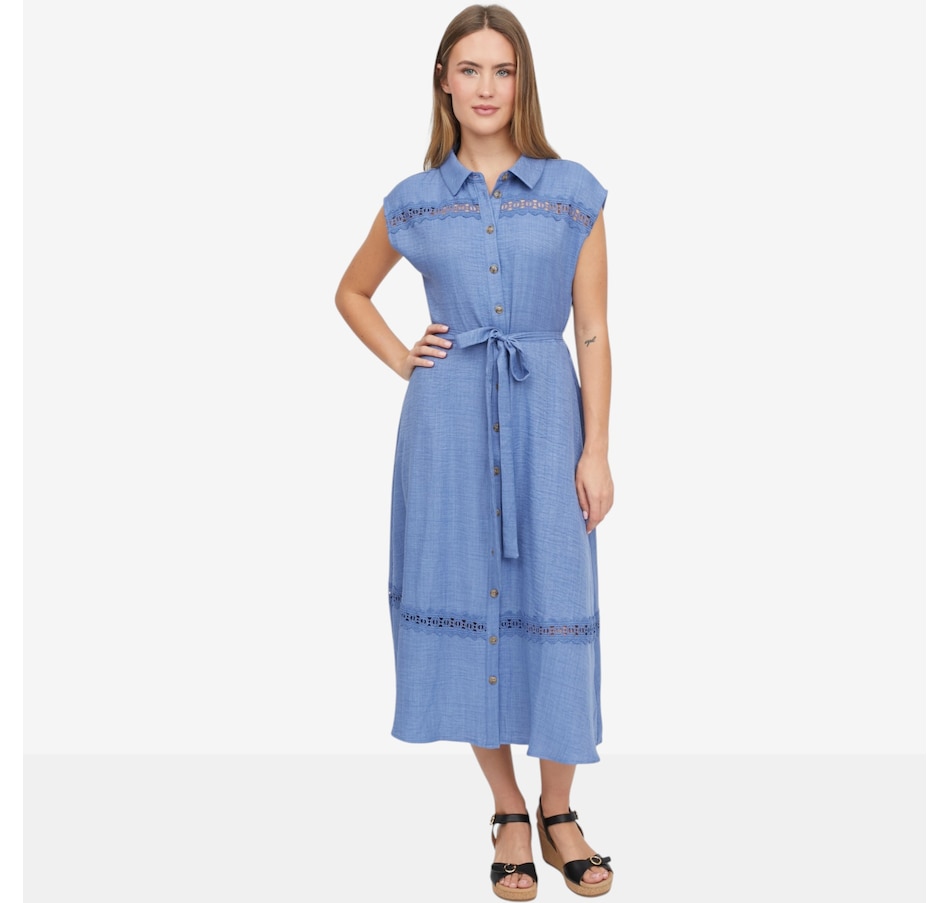Image 119817_BLU.jpg, Product 119-817 / Price $59.99, Hailey Lyn Collared Cap Sleeve Crochet Shirtdress from Hailey Lyn on TSC.ca's Fashion department
