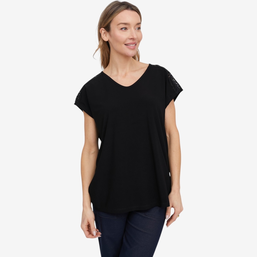 Image 119890_BLK.jpg, Product 119-890 / Price $29.33, Kim & Co. Deluxe Brazil Knit Lace Detail Short Sleeve Top from Kim & Co. on TSC.ca's Fashion department