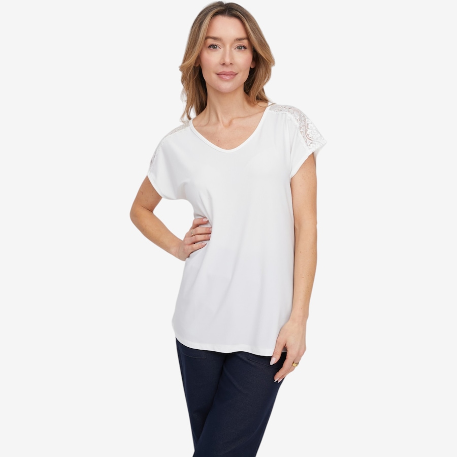 Image 119890_ECR.jpg, Product 119-890 / Price $29.33, Kim & Co. Deluxe Brazil Knit Lace Detail Short Sleeve Top from Kim & Co. on TSC.ca's Fashion department