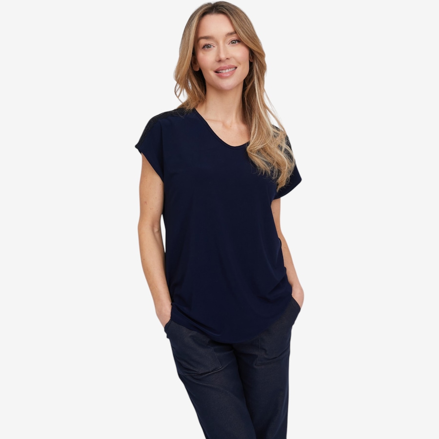Image 119890_NVY.jpg, Product 119-890 / Price $29.33, Kim & Co. Deluxe Brazil Knit Lace Detail Short Sleeve Top from Kim & Co. on TSC.ca's Fashion department