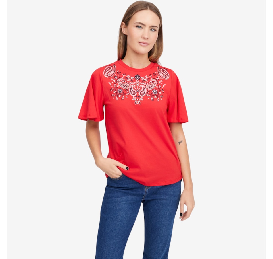 Image 119903_RED.jpg, Product 119-903 / Price $59.99, Diane Gilman Embellished Flutter Sleeve Tee from DG2 by Diane Gilman on TSC.ca's Fashion department