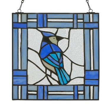 Tiffany Style Lighting 11" John Blue Jay Stained Glass Window Panel