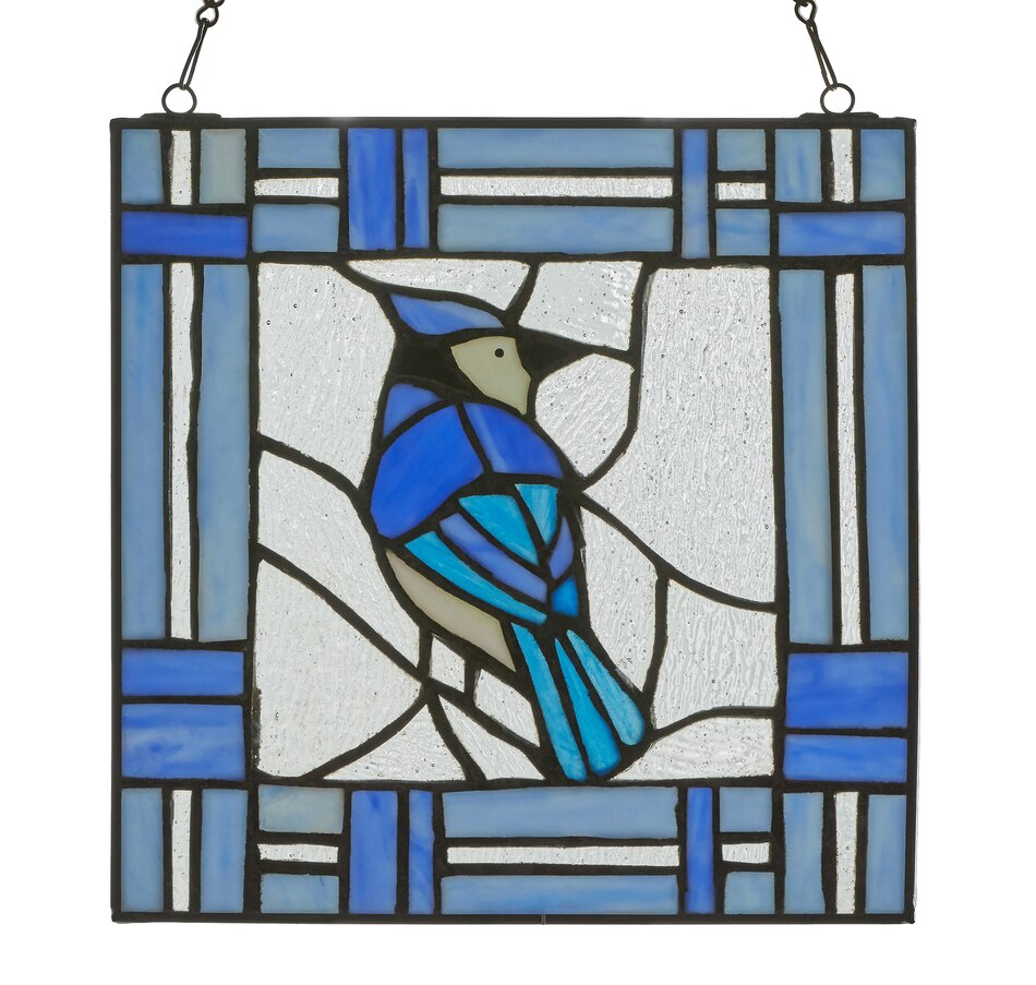 Image 119972.jpg, Product 119-972 / Price $99.99, Tiffany Style Lighting 11" John Blue Jay Stained Glass Window Panel from Tiffany Style Lighting on TSC.ca's Home & Garden department