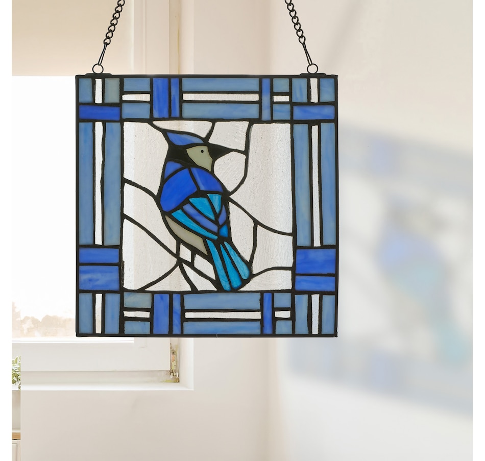 Image 119972_ALTMORE1.jpg, Product 119-972 / Price $99.99, Tiffany Style Lighting 11" John Blue Jay Stained Glass Window Panel from Tiffany Style Lighting on TSC.ca's Home & Garden department