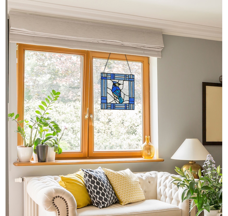 Image 119972_ALTMORE11.jpg, Product 119-972 / Price $99.99, Tiffany Style Lighting 11" John Blue Jay Stained Glass Window Panel from Tiffany Style Lighting on TSC.ca's Home & Garden department
