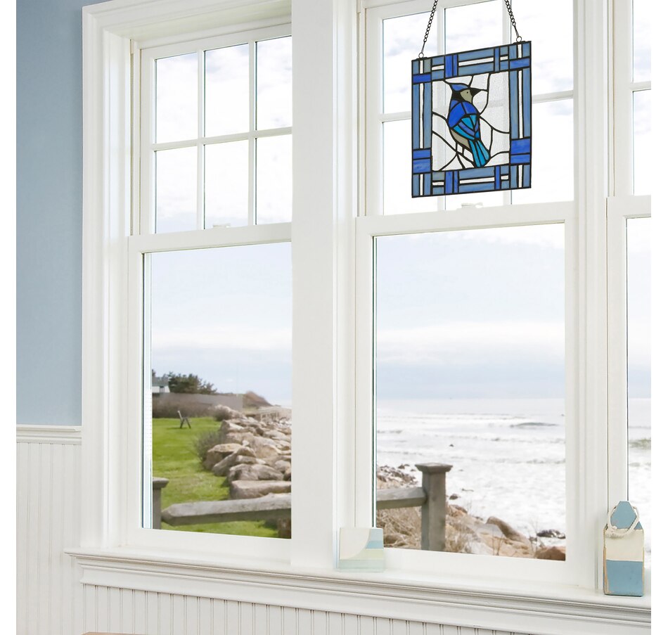 Image 119972_ALTMORE12.jpg, Product 119-972 / Price $99.99, Tiffany Style Lighting 11" John Blue Jay Stained Glass Window Panel from Tiffany Style Lighting on TSC.ca's Home & Garden department