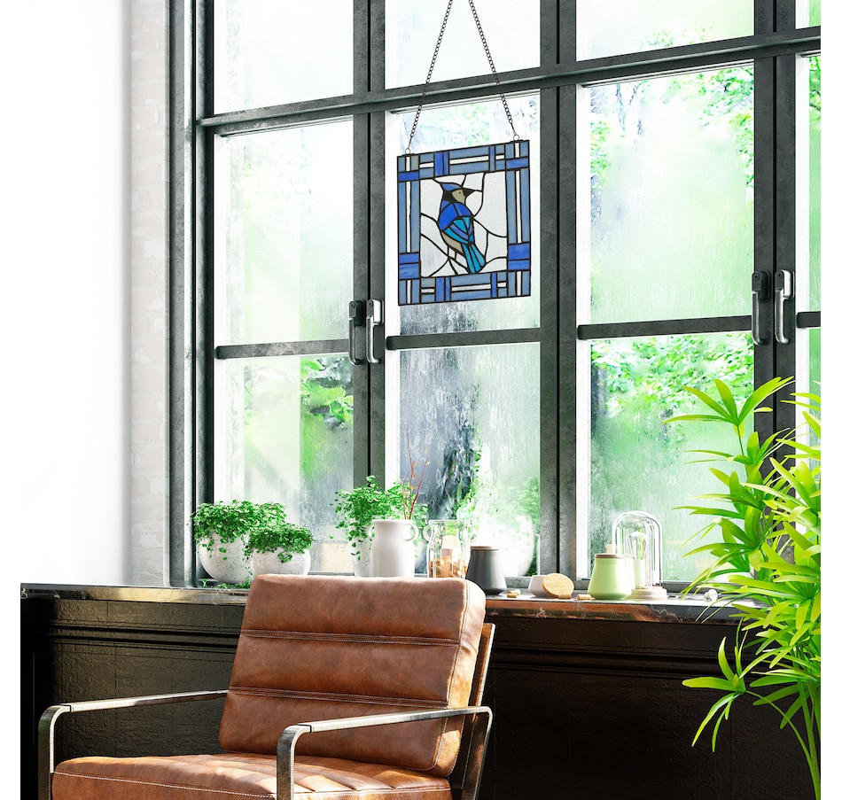 Image 119972_ALTMORE2.jpg, Product 119-972 / Price $99.99, Tiffany Style Lighting 11" John Blue Jay Stained Glass Window Panel from Tiffany Style Lighting on TSC.ca's Home & Garden department