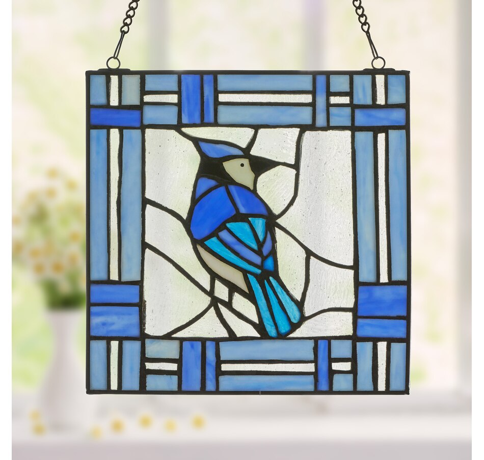 Image 119972_ALTMORE3.jpg, Product 119-972 / Price $99.99, Tiffany Style Lighting 11" John Blue Jay Stained Glass Window Panel from Tiffany Style Lighting on TSC.ca's Home & Garden department