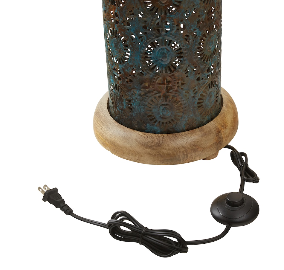Image 119978_ALTMORE2.jpg, Product 119-978 / Price $189.99, Tiffany Style 23"H Remi Punched Metal and Mango Wood Pedestal Floor Lamp from Tiffany Style Lighting on TSC.ca's Home & Garden department