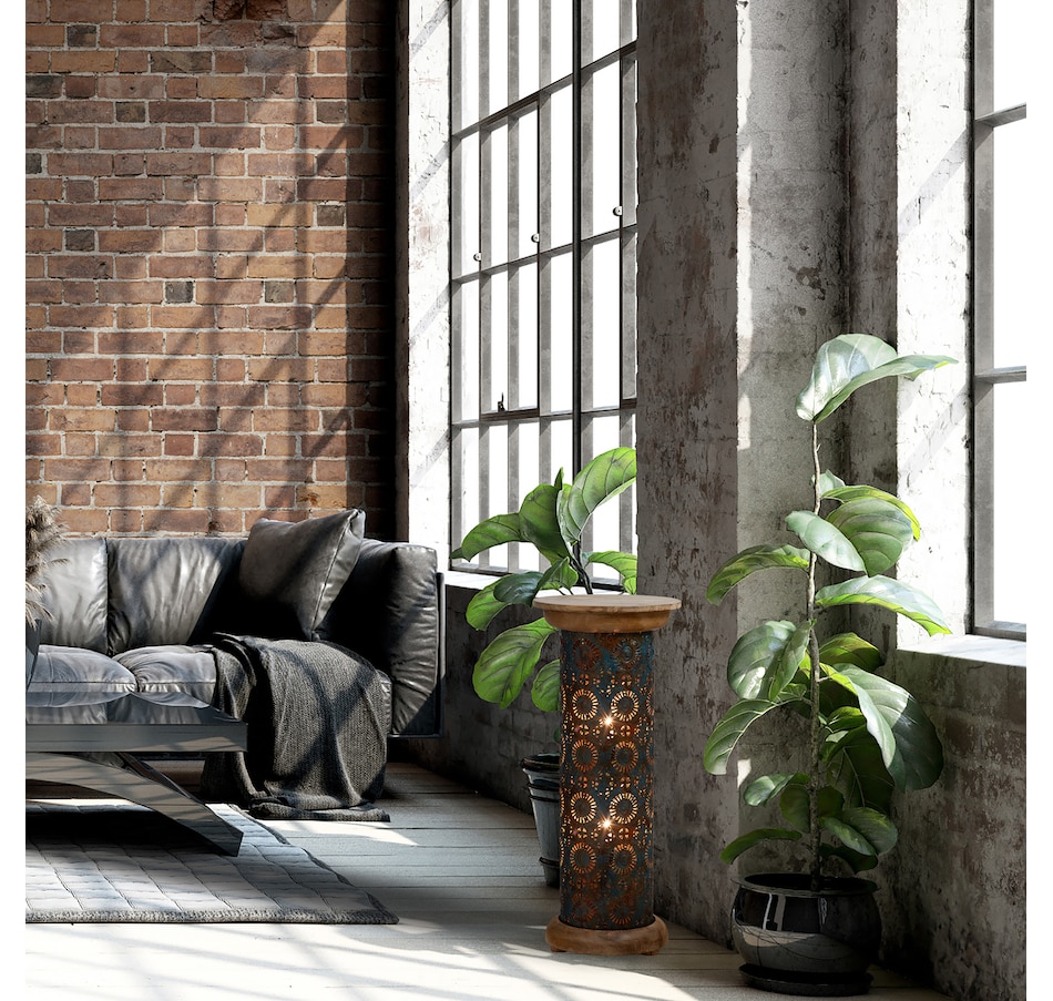 Image 119978_ALTMORE5.jpg, Product 119-978 / Price $189.99, Tiffany Style 23"H Remi Punched Metal and Mango Wood Pedestal Floor Lamp from Tiffany Style Lighting on TSC.ca's Home & Garden department