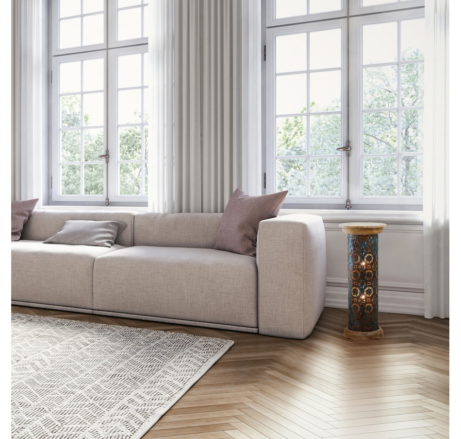 Image 119978_ALTMORE6.jpg, Product 119-978 / Price $189.99, Tiffany Style 23"H Remi Punched Metal and Mango Wood Pedestal Floor Lamp from Tiffany Style Lighting on TSC.ca's Home & Garden department