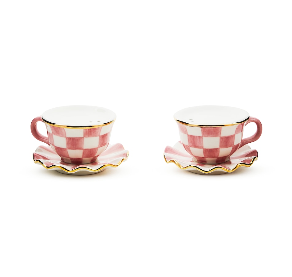 Image 120588.jpg, Product 120-588 / Price $72.00, MacKenzie-Childs Rosy Check Teacup Salt and Pepper Set from MacKenzie Childs on TSC.ca's Kitchen department