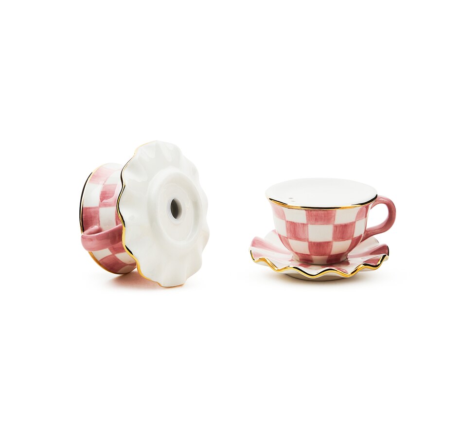 Image 120588_ALTMORE1.jpg, Product 120-588 / Price $72.00, MacKenzie-Childs Rosy Check Teacup Salt and Pepper Set from MacKenzie Childs on TSC.ca's Kitchen department