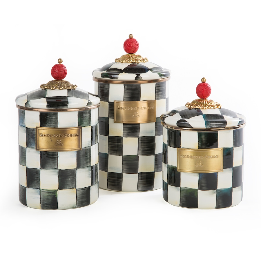 Image 120589_CRYCK.jpg, Product 120-589 / Price $470.00, MacKenzie-Childs Hand Decorated Enamel Canisters (set of 3) from MacKenzie Childs on TSC.ca's Kitchen department