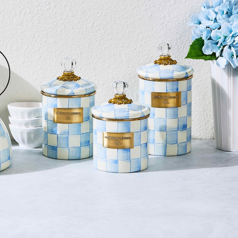 Image 120589_SKYCK.jpg, Product 120-589 / Price $470.00, MacKenzie-Childs Hand Decorated Enamel Canisters (set of 3) from MacKenzie Childs on TSC.ca's Kitchen department