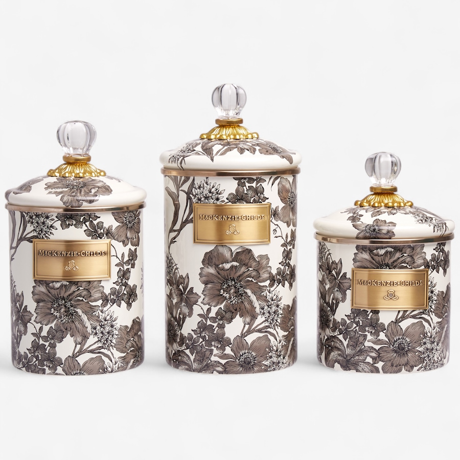 Image 120589_STEEH.jpg, Product 120-589 / Price $470.00, MacKenzie-Childs Hand Decorated Enamel Canisters (set of 3) from MacKenzie Childs on TSC.ca's Kitchen department