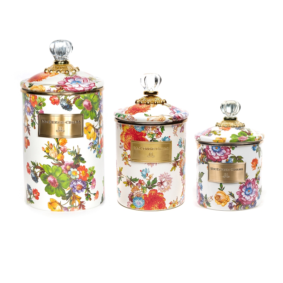 Image 120589_WHTFW.jpg, Product 120-589 / Price $470.00, MacKenzie-Childs Hand Decorated Enamel Canisters (set of 3) from MacKenzie Childs on TSC.ca's Kitchen department