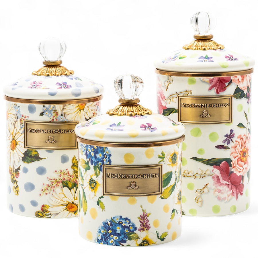Image 120589_WLDFS.jpg, Product 120-589 / Price $470.00, MacKenzie-Childs Hand Decorated Enamel Canisters (set of 3) from MacKenzie Childs on TSC.ca's Kitchen department