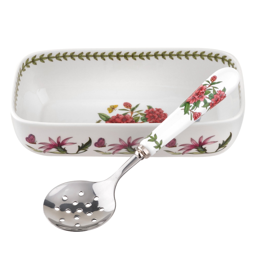 Image 120820.jpg, Product 120-820 / Price $42.99, Portmeirion Botanic Garden Cranberry Dish with Rhododendron Slotted Spoon from Portmeirion - Spode on TSC.ca's Kitchen department