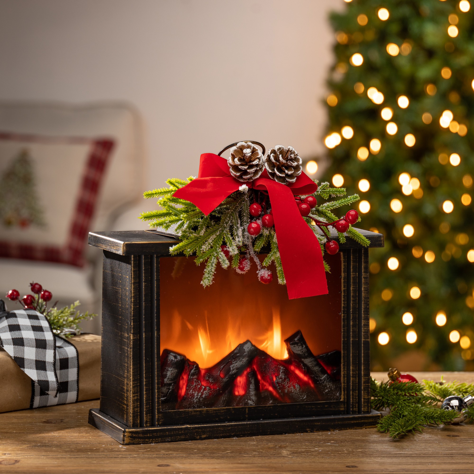 Holiday Memories Lighted Fire Glow Lantern with Floral Accent - TSC.ca