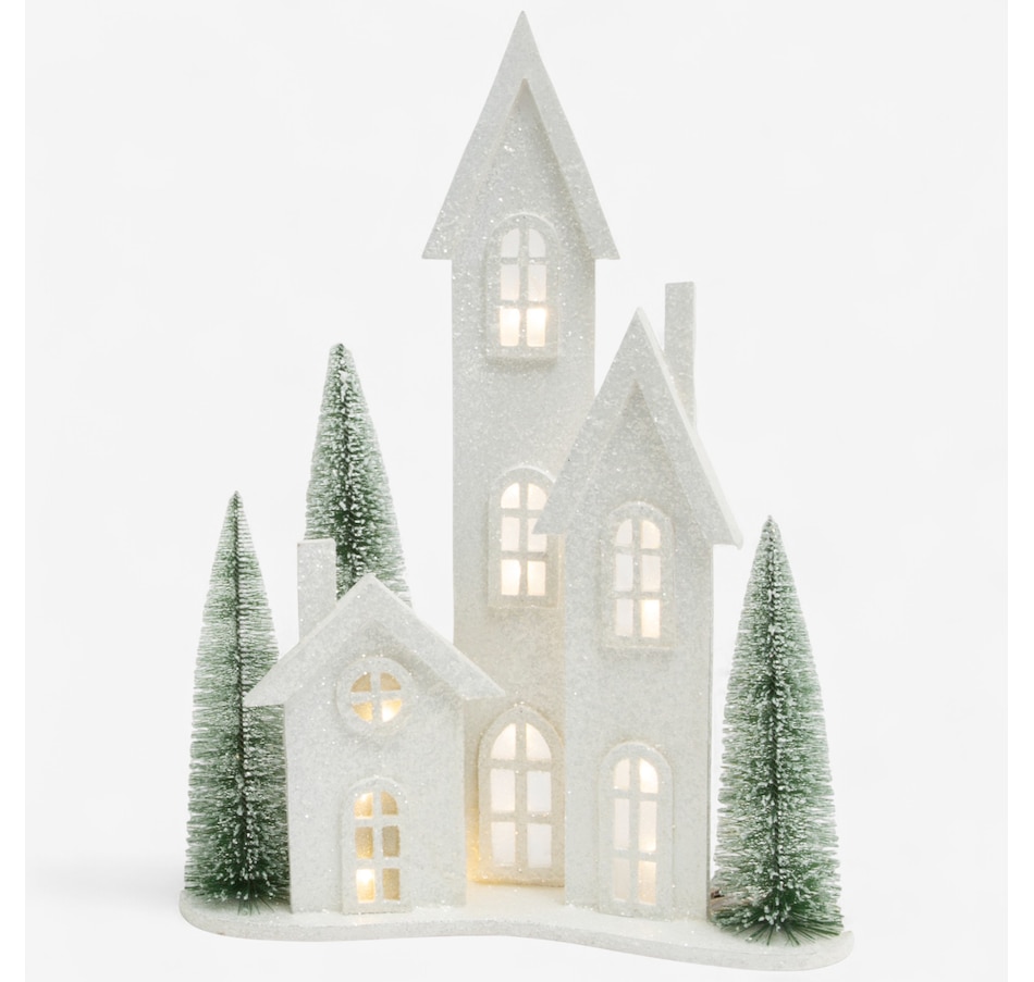 Image 121181.jpg, Product 121-181 / Price $34.99, Holiday Memories Lighted Holiday Home with Pine Trees from Holiday Memories on TSC.ca's Home & Garden department