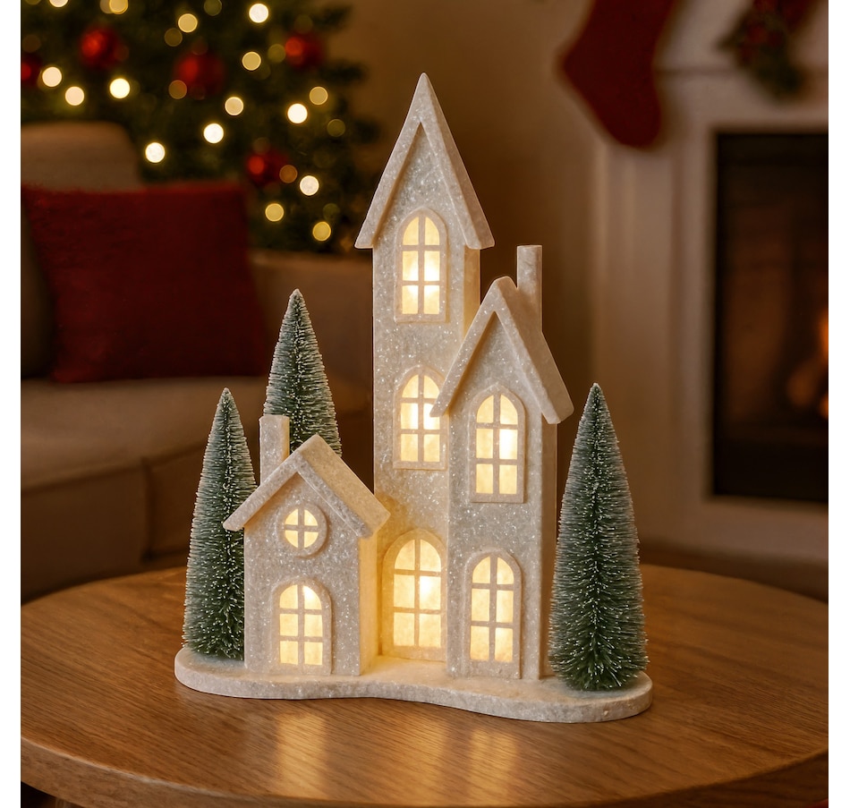 Image 121181_ALTMORE1.jpg, Product 121-181 / Price $34.99, Holiday Memories Lighted Holiday Home with Pine Trees from Holiday Memories on TSC.ca's Home & Garden department