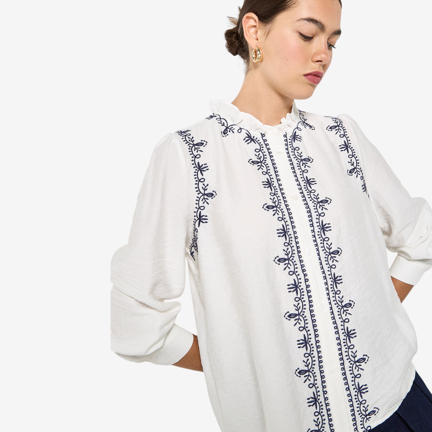 Apricot Ruffle Neck Embroidered Blouse - TSC.ca