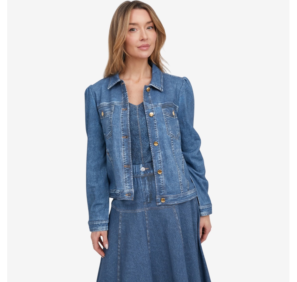 Image 121263_DKW.jpg, Product 121-263 / Price $69.99, TWRHLL by Christie Brinkley Illusion Denim Printed Jacket from TWRHLL by Christie Brinkley on TSC.ca's Fashion department