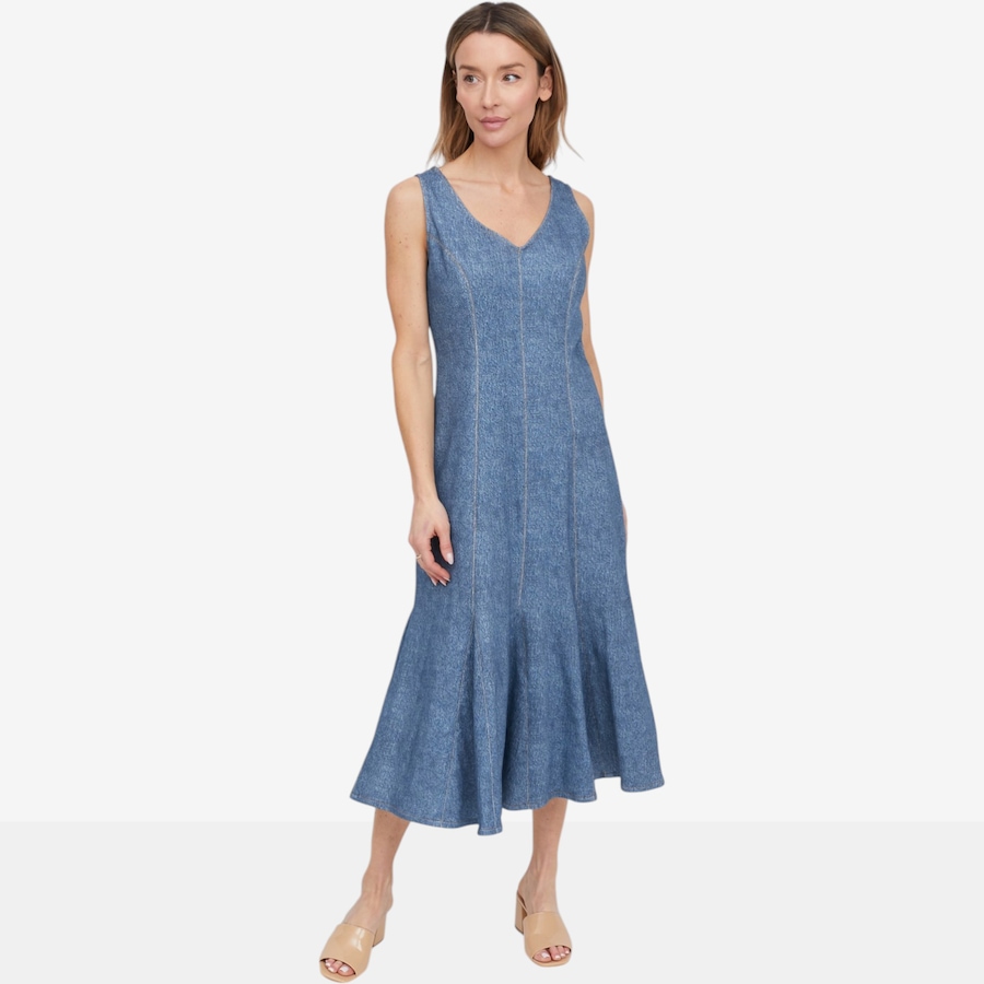 Image 121267_DKW.jpg, Product 121-267 / Price $39.88, Tower Hill by Christie Brinkley Printed Illusion Denim Seamed Midi Dress from Tower Hill on TSC.ca's Fashion department
