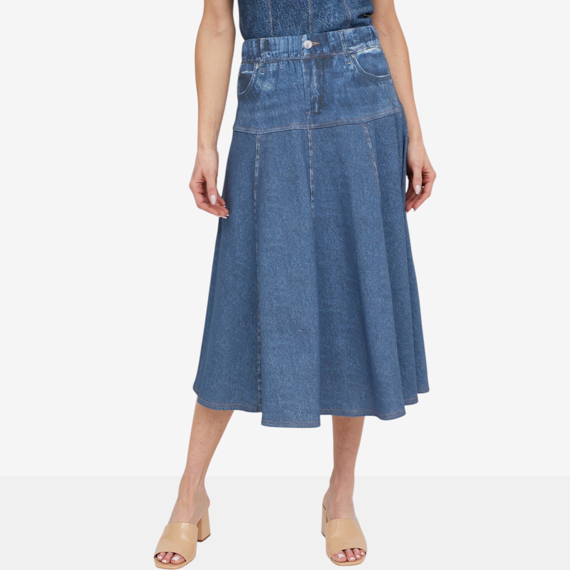 Tower Hill by Christie Brinkley Illusion Denim Printed Midi Skirt